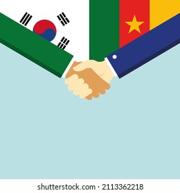 The handshake and two flags: South Korea and Cameroon. Illustration