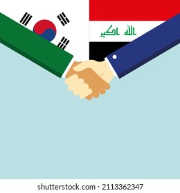 The handshake and two flags: South Korea and Iraq. Illustration