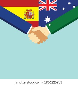 The handshake and two flags Spain and Australia. Flat style vector illustration.