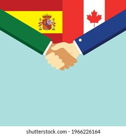 The handshake and two flags Spain and Canada. Flat style vector illustration.