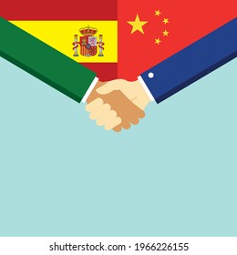 The handshake and two flags Spain and China. Flat style vector illustration.