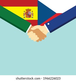 El apretón de manos y dos banderas España y República Checa. Ilustración vectorial de estilo plano.