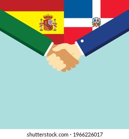The handshake and two flags Spain and Dominican Republic. Flat style vector illustration.