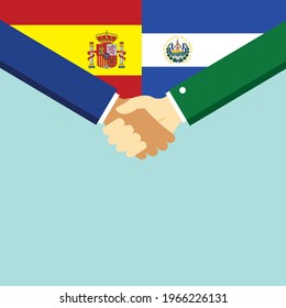 The handshake and two flags Spain and El Salvador. Flat style vector illustration.