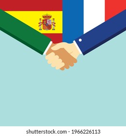The handshake and two flags Spain and France. Flat style vector illustration.