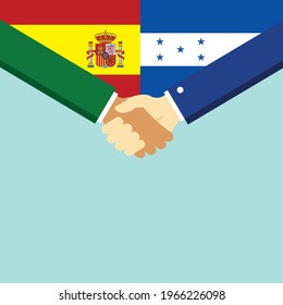 The handshake and two flags Spain and Honduras. Flat style vector illustration.