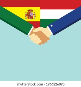 The handshake and two flags Spain and Hungary. Flat style vector illustration.