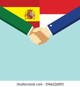 The handshake and two flags Spain and Indonesia. Flat style vector illustration.