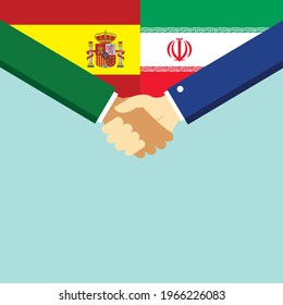 The handshake and two flags Spain and Iran. Flat style vector illustration.