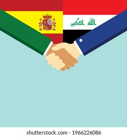 The handshake and two flags Spain and Iraq. Flat style vector illustration.