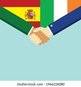 The handshake and two flags Spain and Ireland. Flat style vector illustration.
