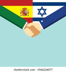 The handshake and two flags Spain and Israel. Flat style vector illustration.