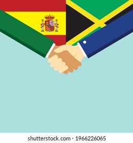 The handshake and two flags Spain and Jamaica. Flat style vector illustration.