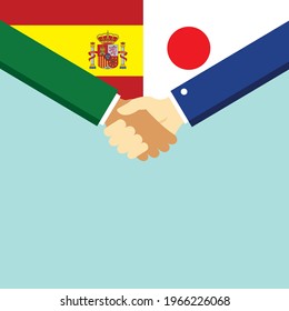 The handshake and two flags Spain and Japan. Flat style vector illustration.