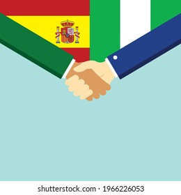 Der Handschlag und zwei Flaggen Spanien und Nigeria. Flache Vektorgrafik.