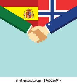 El apretón de manos y dos banderas: España y Noruega. Ilustración vectorial de estilo plano.
