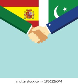 The handshake and two flags Spain and Pakistan. Flat style vector illustration.