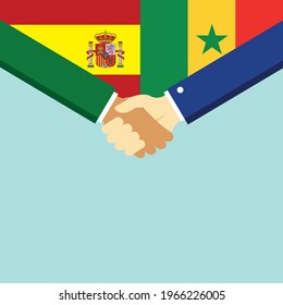 The handshake and two flags Spain and Senegal. Flat style vector illustration.