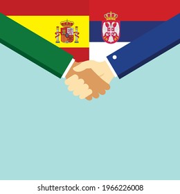 The handshake and two flags Spain and Serbia. Flat style vector illustration.