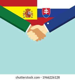 The handshake and two flags Spain and Slovakia. Flat style vector illustration.