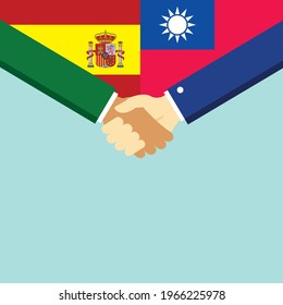 The handshake and two flags Spain and Taiwan. Flat style vector illustration.