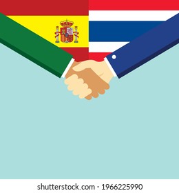The handshake and two flags Spain and Thailand. Flat style vector illustration.