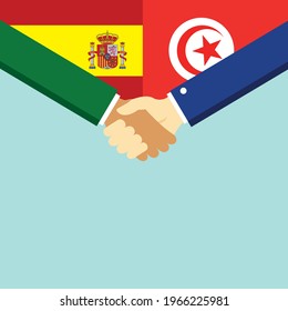 The handshake and two flags Spain and Tunisia. Flat style vector illustration.