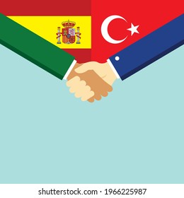 The handshake and two flags Spain and Turkey. Flat style vector illustration.