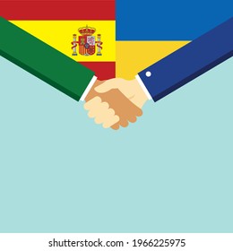 The handshake and two flags Spain and Ukraine. Flat style vector illustration.