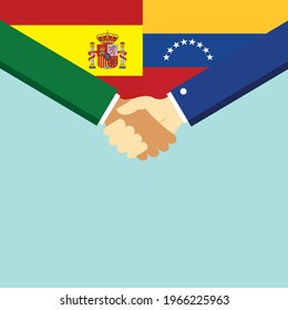 The handshake and two flags Spain and Venezuela. Flat style vector illustration.