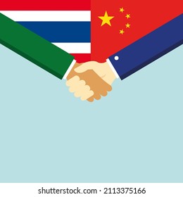 The handshake and two flags: Thailand and China. Illustration
