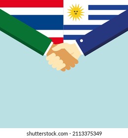 El apretón de manos y dos banderas: Tailandia y Uruguay. Ilustración