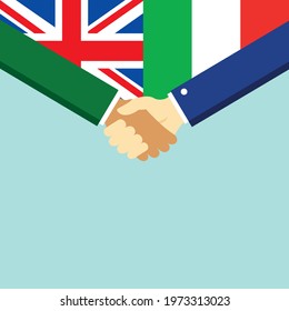 The handshake and two flags United Kingdom and Italy. Flat style vector illustration.