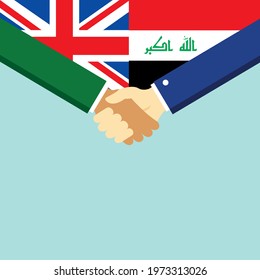 The handshake and two flags United Kingdom and Iraq. Flat style vector illustration.
