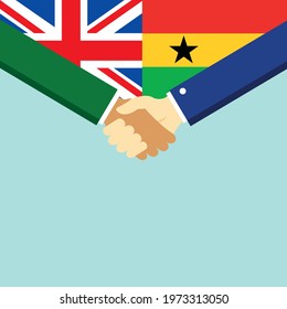 The handshake and two flags United Kingdom and Ghana. Flat style vector illustration.