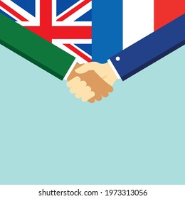 The handshake and two flags United Kingdom and France. Flat style vector illustration.