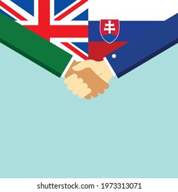 The handshake and two flags United Kingdom and Slovakia. Flat style vector illustration.