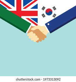 The handshake and two flags United Kingdom and South Korea. Flat style vector illustration.
