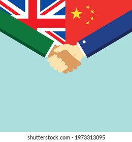 The handshake and two flags United Kingdom and China. Flat style vector illustration.