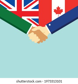 The handshake and two flags United Kingdom and Canada. Flat style vector illustration.