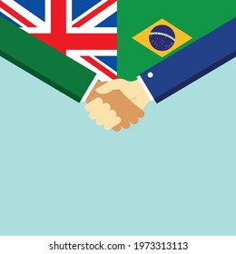 The handshake and two flags United Kingdom and Brazil. Flat style vector illustration.