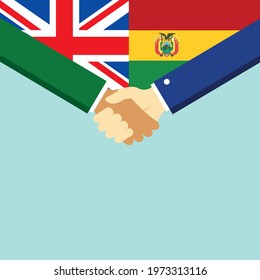 The handshake and two flags United Kingdom and Bolivia. Flat style vector illustration.
