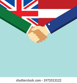 The handshake and two flags United Kingdom and Austria. Flat style vector illustration.