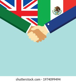 The handshake and two flags United Kingdom and Mexico. Flat style vector illustration.