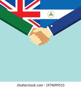 The handshake and two flags United Kingdom and Nicaragua. Flat style vector illustration.