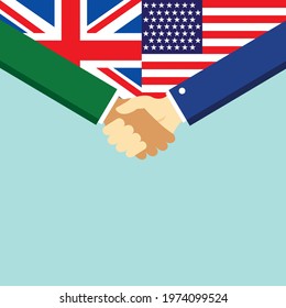 The handshake and two flags United Kingdom and USA. Flat style vector illustration.