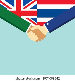 The handshake and two flags United Kingdom and Thailand. Flat style vector illustration.