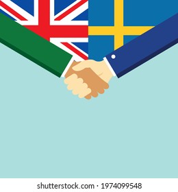 The handshake and two flags United Kingdom and Sweden. Flat style vector illustration.