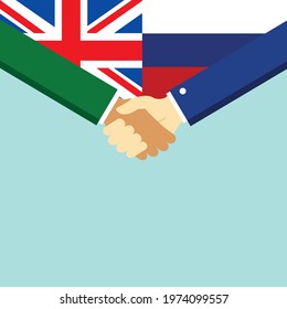 The handshake and two flags United Kingdom and Russia. Flat style vector illustration.