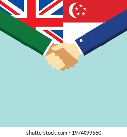 The handshake and two flags United Kingdom and Singapore. Flat style vector illustration.